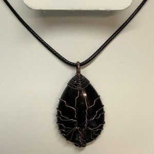 #NL36. 17" Coppertone Chain with Black Agate Tree of Life Pendant